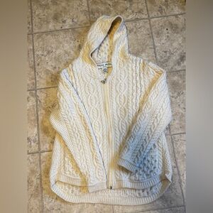 Aran Mor Ireland 100% Merino Wool Cable Knit Zip Hoodie Cream M